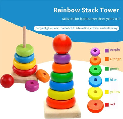 Keep Smiling Rainbow Wooden Stacking Ring Tower – Montessori Educational Toy for Toddlers!