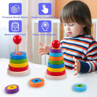 Keep Smiling Rainbow Wooden Stacking Ring Tower – Montessori Educational Toy for Toddlers!