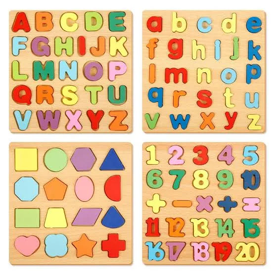 4-in-1 Wooden Learning Board – Letters, Numbers, Shapes & Puzzles for Kids!