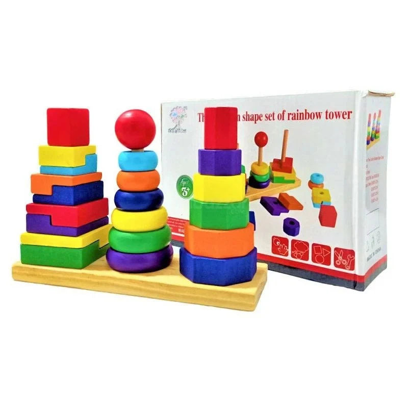 Keep Smiling Wooden Three-Column Rainbow Tower – 411 Educational Sorting Toy for Toddlers!