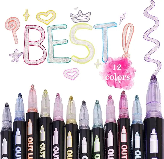 Double Line Metallic Shimmer Markers – 12 Self-Outline Pens for Art & Crafts!