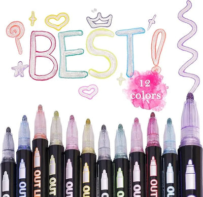 Keep Smiling Double Line Metallic Shimmer Markers – 12 Self-Outline Pens for Art & Crafts!