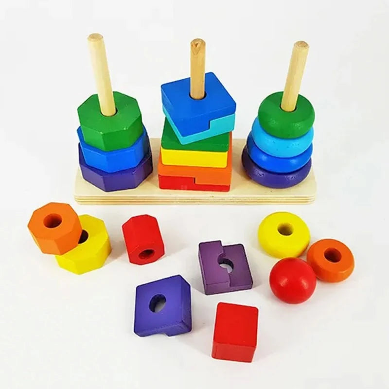 Keep Smiling Wooden Three-Column Rainbow Tower – 411 Educational Sorting Toy for Toddlers!