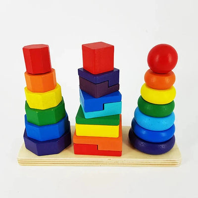 Keep Smiling Wooden Three-Column Rainbow Tower – 411 Educational Sorting Toy for Toddlers!