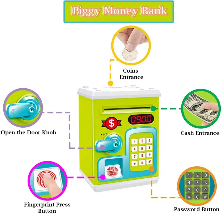 Money Safe for Kids with Fingerprint Sensor - Educational Savings Bank with Digital Lock & Password Protection