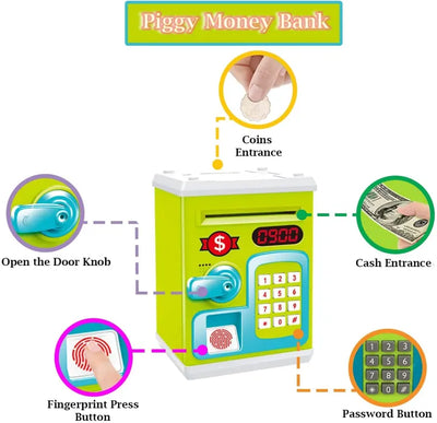 Money Safe for Kids with Fingerprint Sensor - Educational Savings Bank with Digital Lock & Password Protection