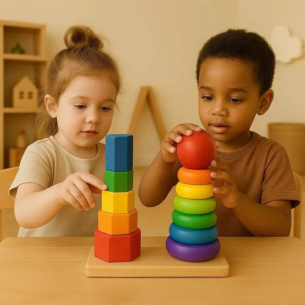 Wooden Montessori Twin Stacking Ring Tower – Multicolor Educational Toy for Toddlers!