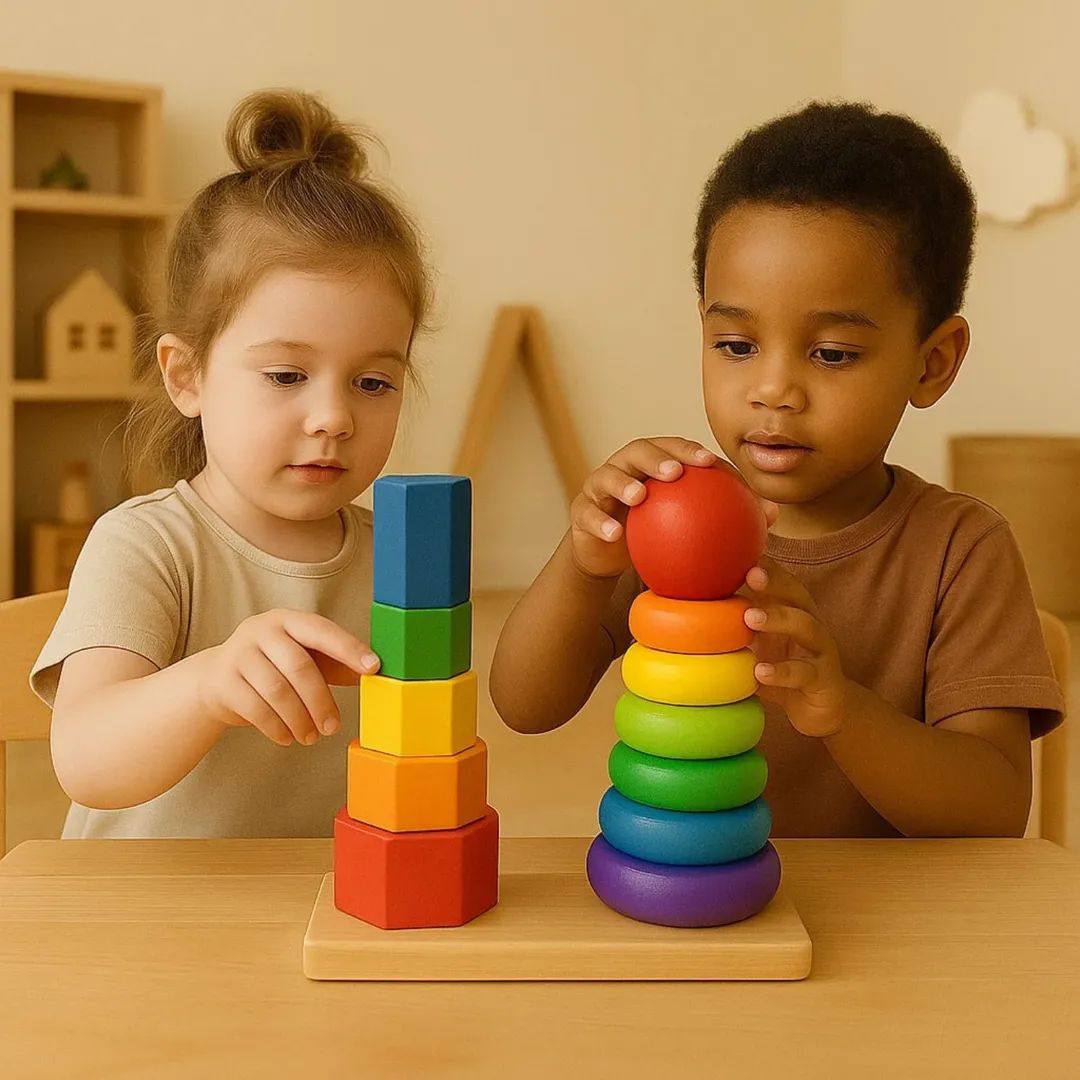 Keep Smiling Wooden Montessori Twin Stacking Ring Tower – Multicolor Educational Toy for Toddlers!