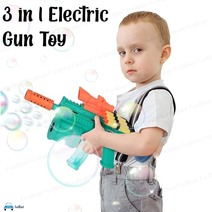 FunBlast 3-in-1 Electric Gun Toy for Kids - Bubble Shooter, Soft Dart Blaster & LED Light Music Gun | Multi-Function Outdoor Play Toy for Boys & Girls (Multicolor)