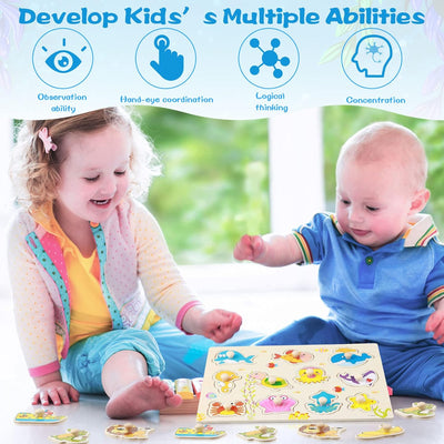 Keep Smiling Wooden Peg Puzzles – 8-in-1 Alphabet, Number, Animal & Vehicles Set for Kids!