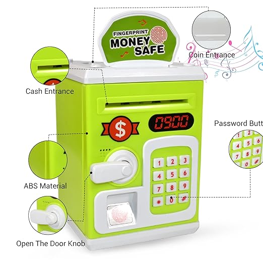 Money Safe for Kids with Fingerprint Sensor - Educational Savings Bank with Digital Lock & Password Protection