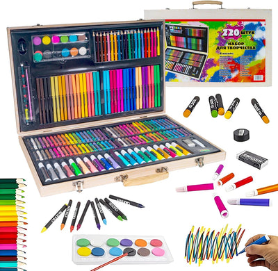 Deluxe 220-Piece Art & Craft Mega Set with Wooden Case – All-in-One Drawing & Painting Kit for Kids