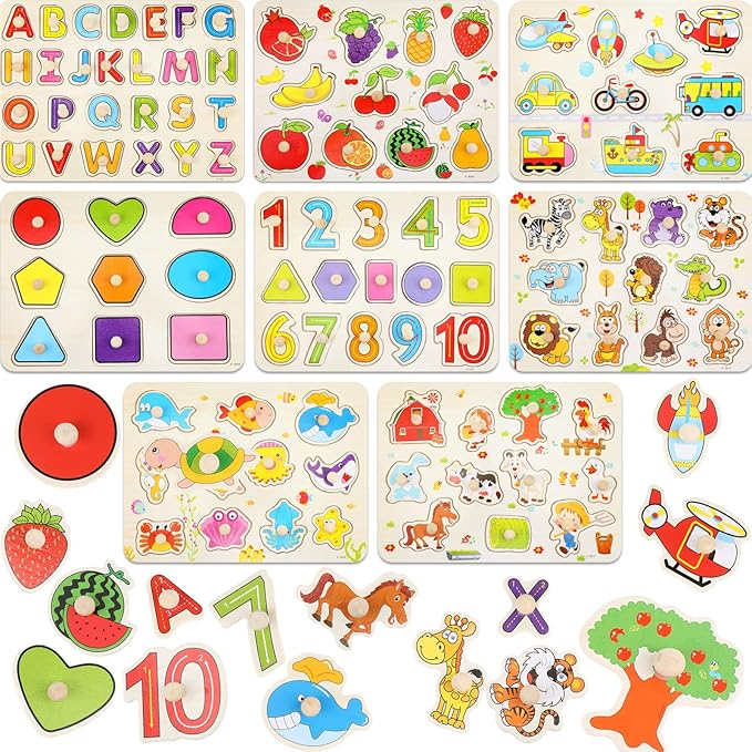 Keep Smiling Wooden Peg Puzzles – 8-in-1 Alphabet, Number, Animal & Vehicles Set for Kids!