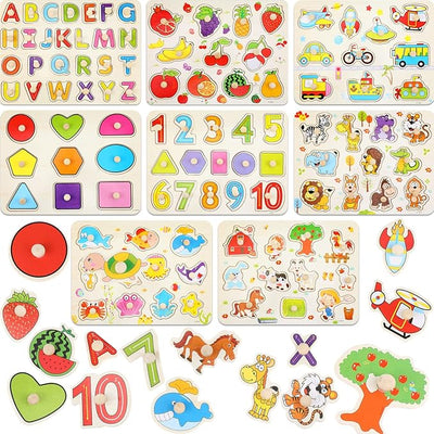 Keep Smiling Wooden Peg Puzzles – 8-in-1 Alphabet, Number, Animal & Vehicles Set for Kids!