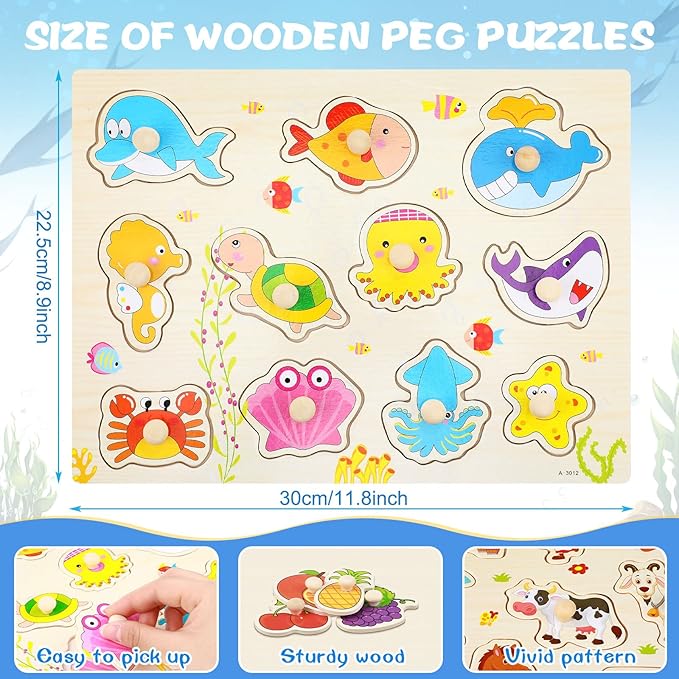 Keep Smiling Wooden Peg Puzzles – 8-in-1 Alphabet, Number, Animal & Vehicles Set for Kids!