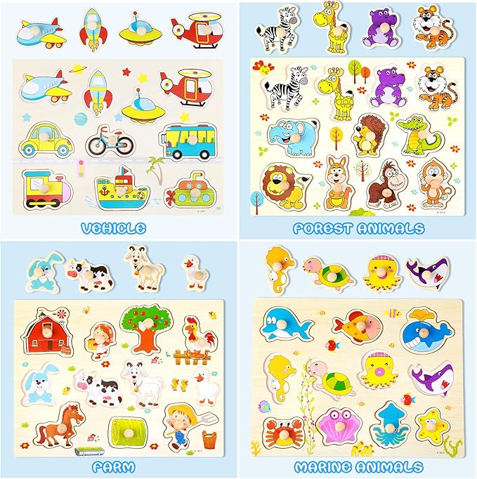 Keep Smiling Wooden Peg Puzzles – 8-in-1 Alphabet, Number, Animal & Vehicles Set for Kids!