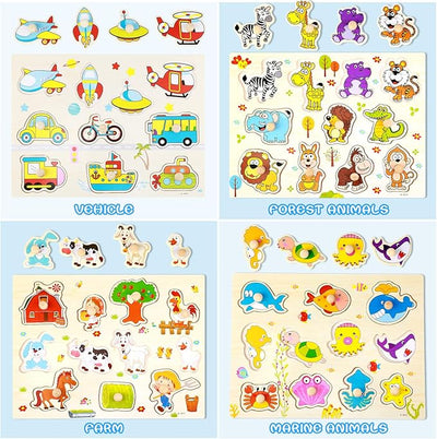 Keep Smiling Wooden Peg Puzzles – 8-in-1 Alphabet, Number, Animal & Vehicles Set for Kids!