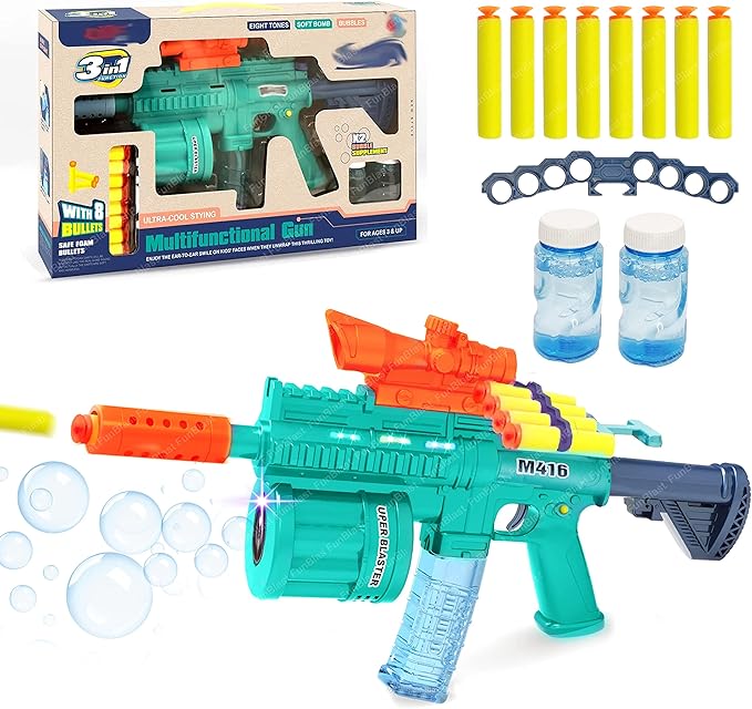FunBlast 3-in-1 Electric Gun Toy for Kids - Bubble Shooter, Soft Dart Blaster & LED Light Music Gun | Multi-Function Outdoor Play Toy for Boys & Girls (Multicolor)