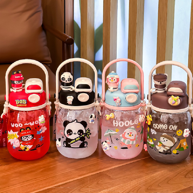 1000ml Cartoon Water Bottle – Double Straw Portable Bottle for Kids!