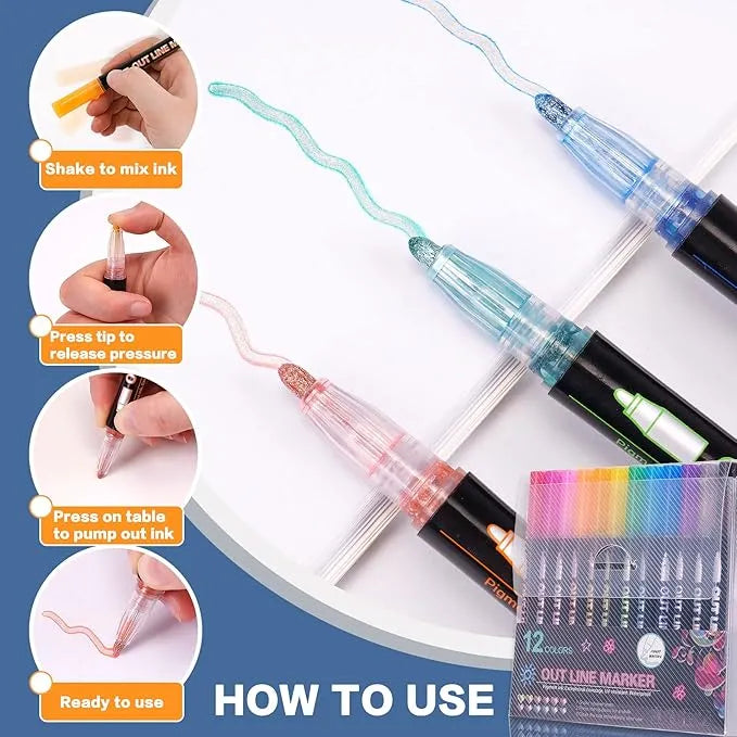 Double Line Metallic Shimmer Markers – 12 Self-Outline Pens for Art & Crafts!