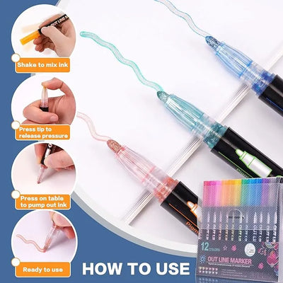 Keep Smiling Double Line Metallic Shimmer Markers – 12 Self-Outline Pens for Art & Crafts!