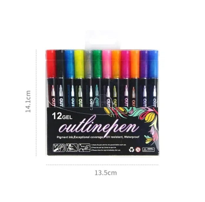 Double Line Metallic Shimmer Markers – 12 Self-Outline Pens for Art & Crafts!
