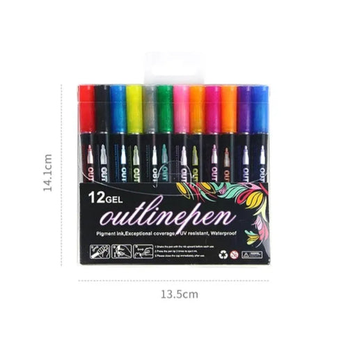 Double Line Metallic Shimmer Markers – 12 Self-Outline Pens for Art & Crafts!