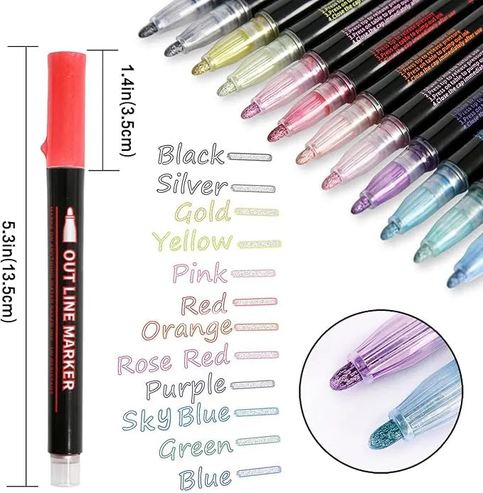 Double Line Metallic Shimmer Markers – 12 Self-Outline Pens for Art & Crafts!