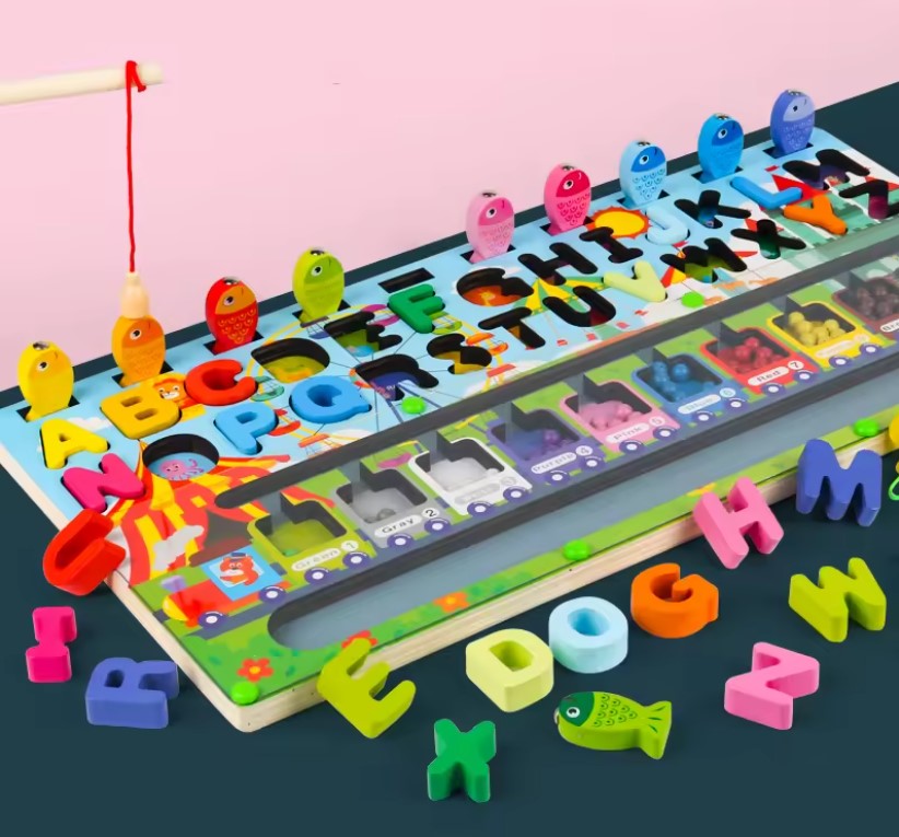 Montessori Math Busy Board – Wooden Counting, Shapes & Fishing Puzzle Toy!