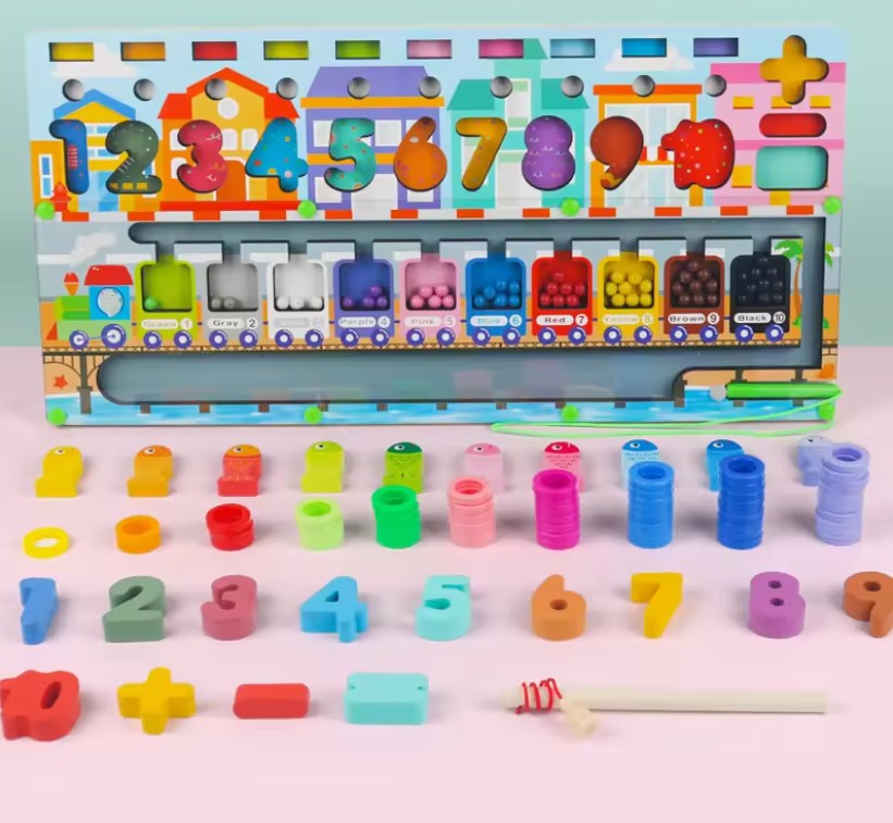 Keep Smiling Montessori Math Busy Board – Wooden Counting, Shapes & Fishing Puzzle Toy!
