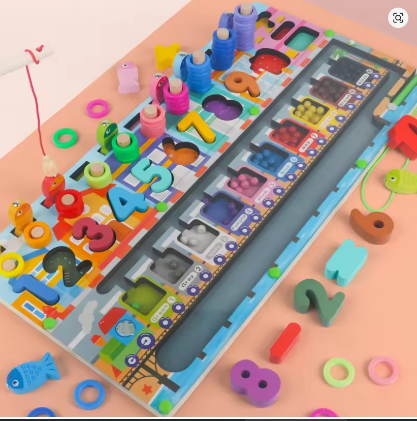 Montessori Math Busy Board – Wooden Counting, Shapes & Fishing Puzzle Toy!