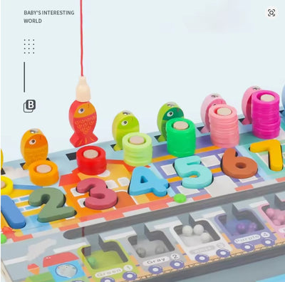 Keep Smiling Montessori Math Busy Board – Wooden Counting, Shapes & Fishing Puzzle Toy!