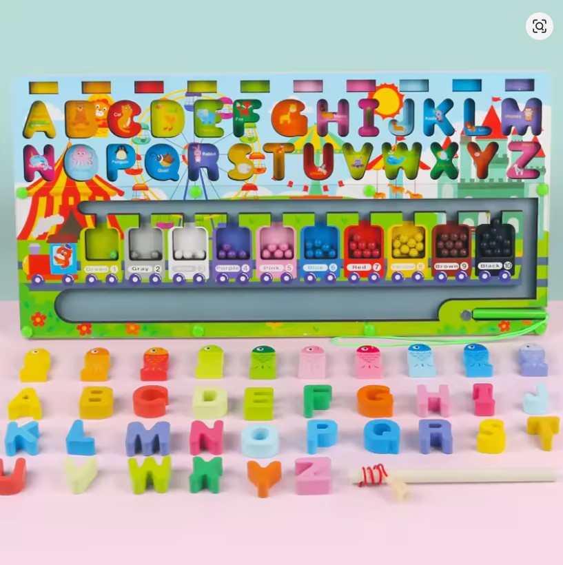Keep Smiling Montessori Math Busy Board – Wooden Counting, Shapes & Fishing Puzzle Toy!