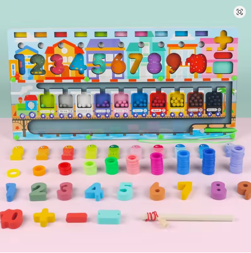 Keep Smiling Montessori Math Busy Board – Wooden Counting, Shapes & Fishing Puzzle Toy!
