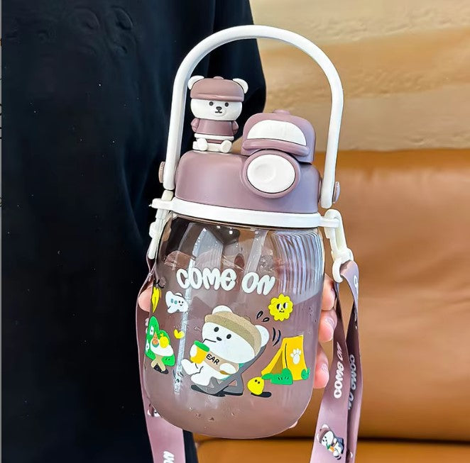 1000ml Cartoon Water Bottle – Double Straw Portable Bottle for Kids!