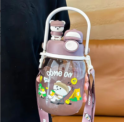 1000ml Cartoon Water Bottle – Double Straw Portable Bottle for Kids!