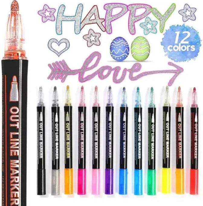 Double Line Metallic Shimmer Markers – 12 Self-Outline Pens for Art & Crafts!