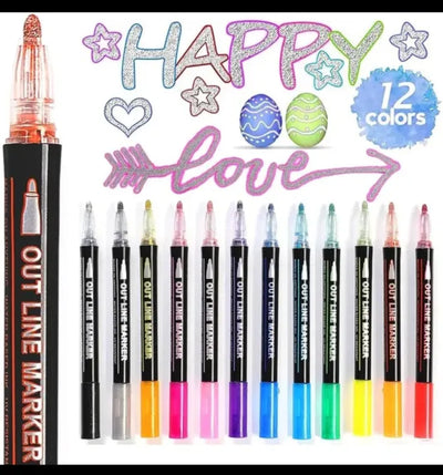 Keep Smiling Double Line Metallic Shimmer Markers – 12 Self-Outline Pens for Art & Crafts!