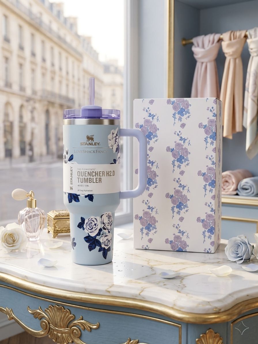 Floral Stanley Style Quencher Tumbler 40oz – Blue Lavender Stainless Steel Travel Mug with Handle