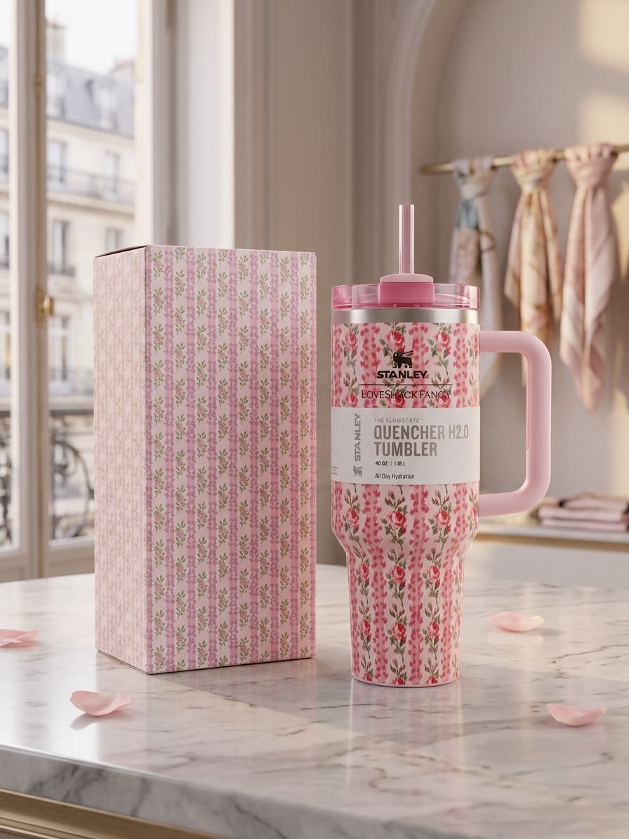 Floral Stanley Style Quencher Tumbler 40oz – Vintage Pink Rose Stainless Steel Travel Mug with Handle