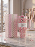 Floral Stanley Style Quencher Tumbler 40oz – Vintage Pink Rose Stainless Steel Travel Mug with Handle