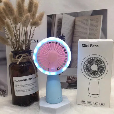 Keep Smiling USB Rechargeable Mini Fan – Portable Fan with LED Circle Light for Travel & Home!