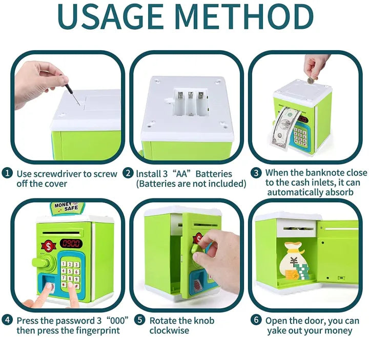 Money Safe for Kids with Fingerprint Sensor - Educational Savings Bank with Digital Lock & Password Protection