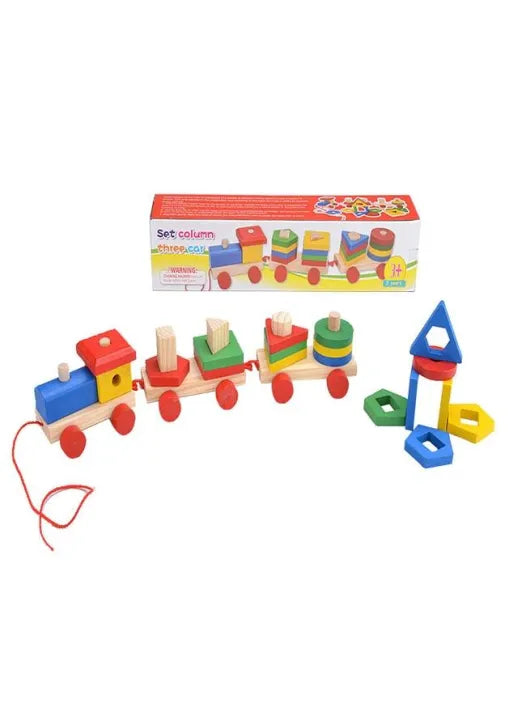 3-in-1 Wooden Train Toy – Shape Sorter & Block Stacker for Toddlers!