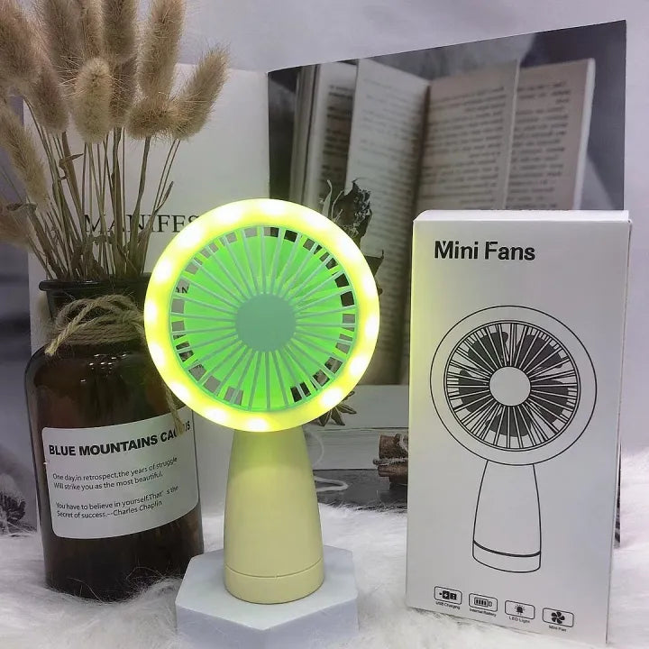 Keep Smiling USB Rechargeable Mini Fan – Portable Fan with LED Circle Light for Travel & Home!