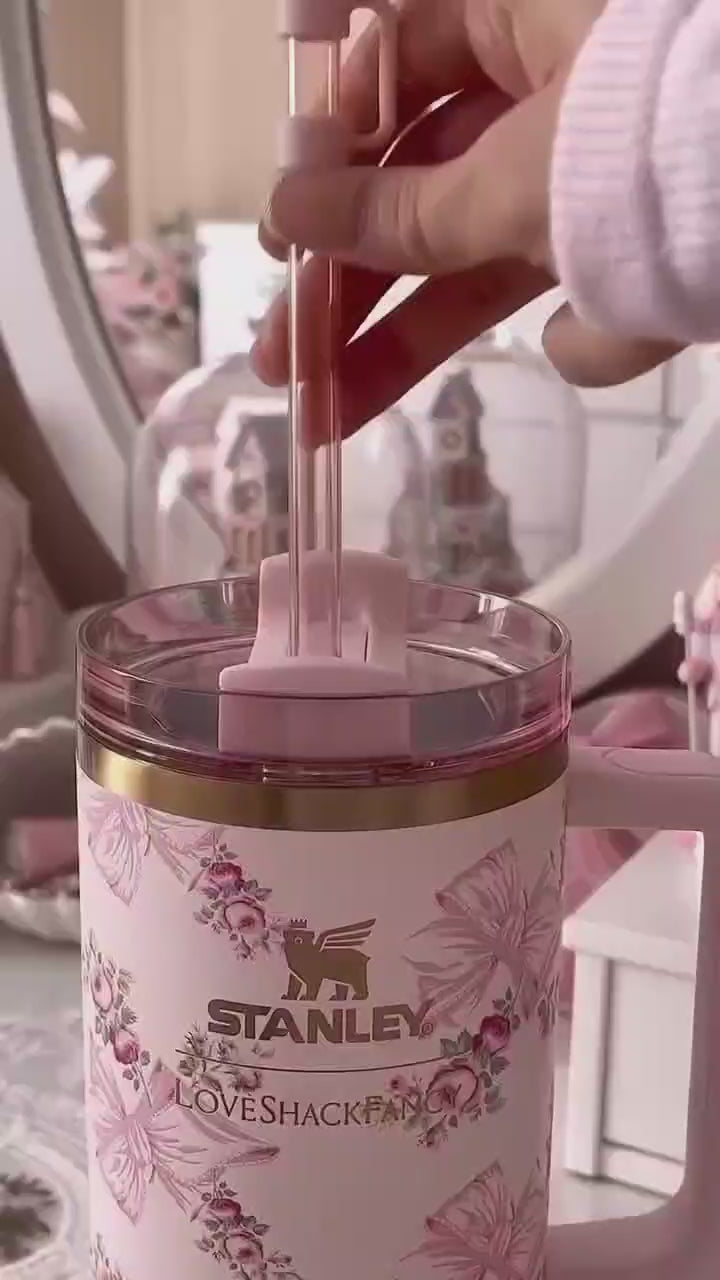 Pink Bow & Floral Tumbler with Handle, Straw & Gift Box | Insulated Stainless Steel (Limited Edition)