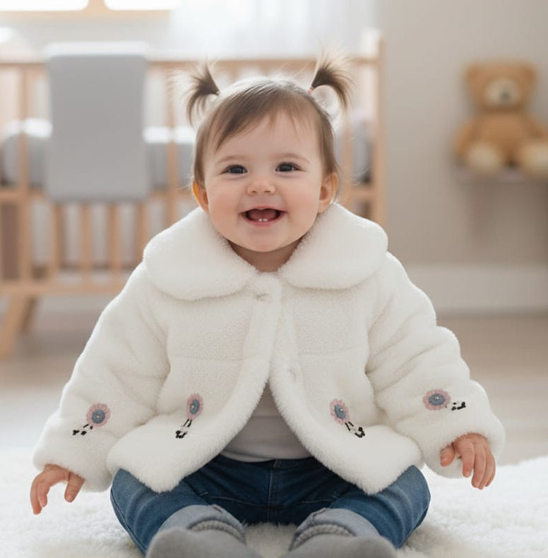 Luxurious White Faux Fur Baby Bolero Jacket | Floral Embroidery & Pom Poms