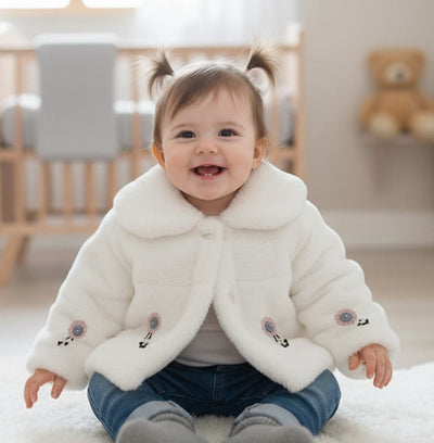 Luxurious White Faux Fur Baby Bolero Jacket | Floral Embroidery & Pom Poms
