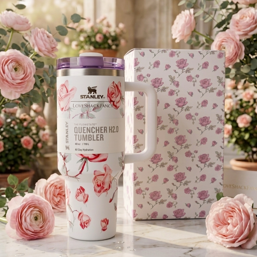 Floral Stanley Style Quencher Tumbler 40oz – Pink Rose Stainless Steel Travel Mug with Handle
