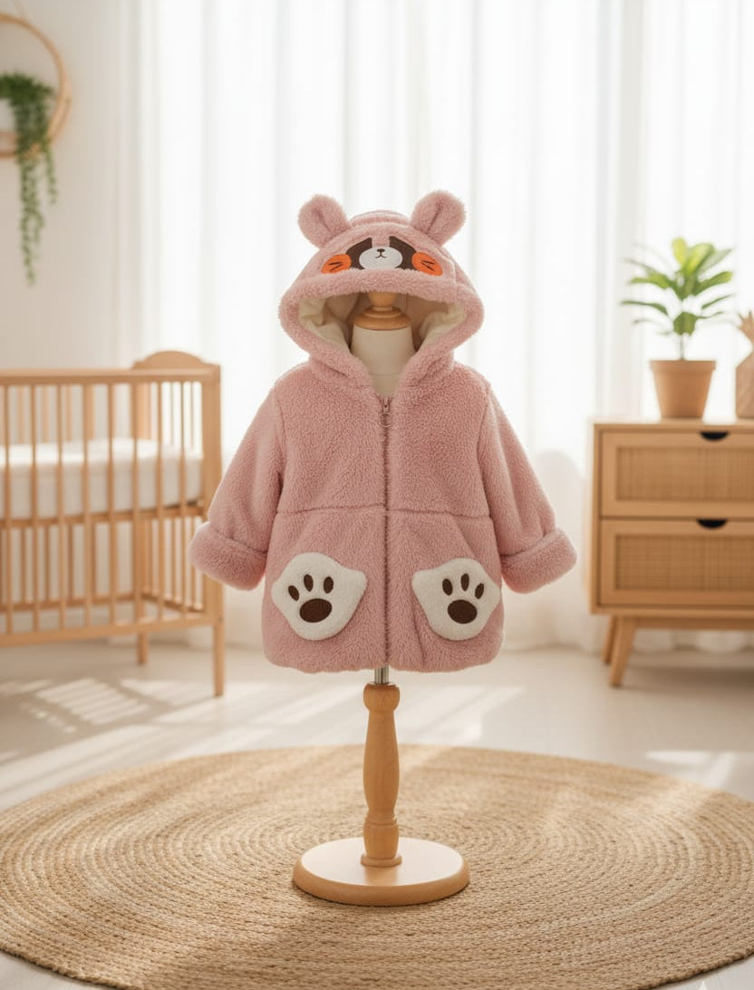 Fluffy Raccoon Ear Hooded Jacket for Baby/Toddler | Pink Sherpa Fleece Coat